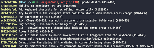 git log —oneline 명령어 입력 시 나오는 출력 (microsoft/vscode)